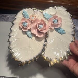 Vintage Napco Japan porcelain leaf dish with pink flowers and gold trim